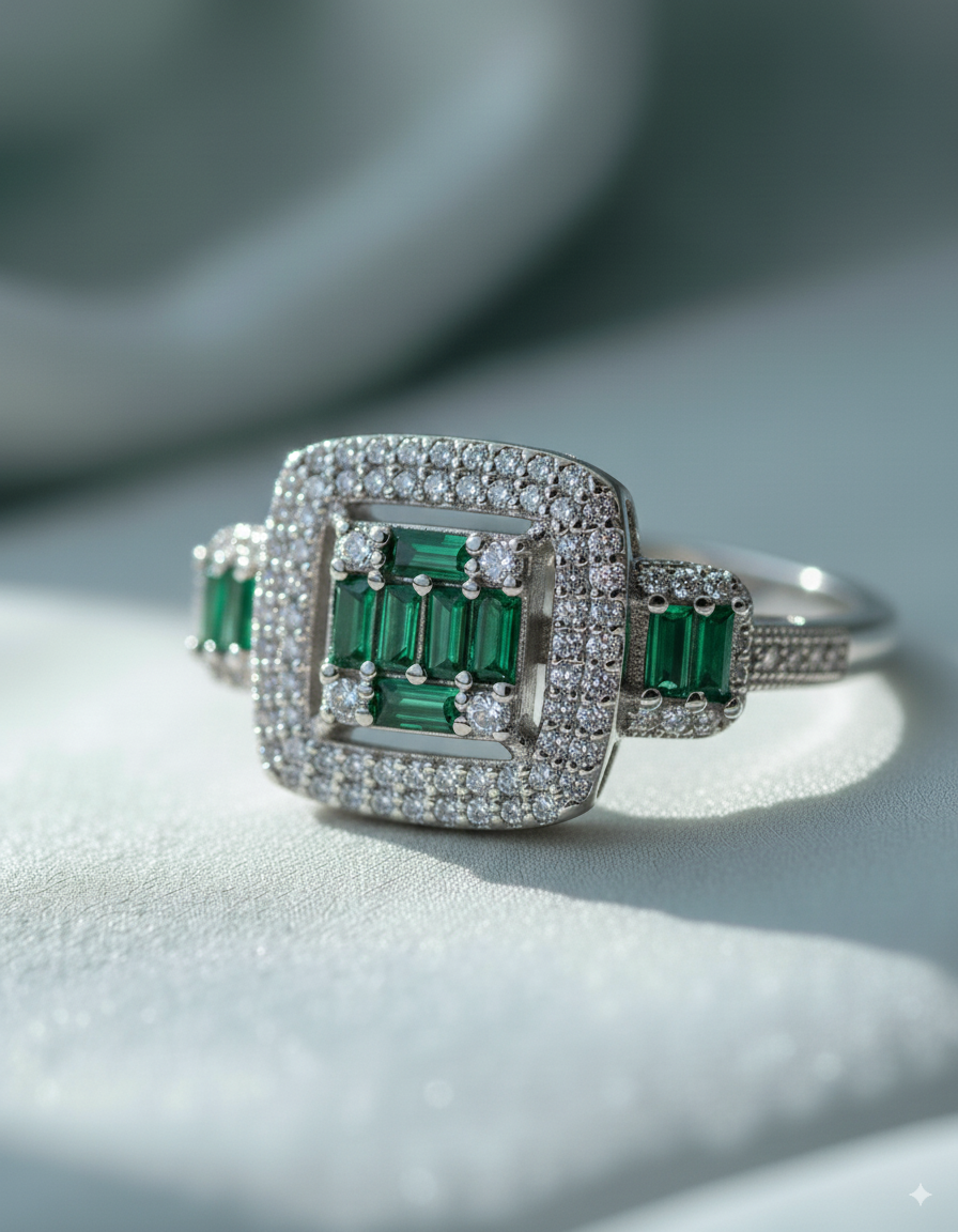 Emerald Royale Halo Silver Ring - Image 2