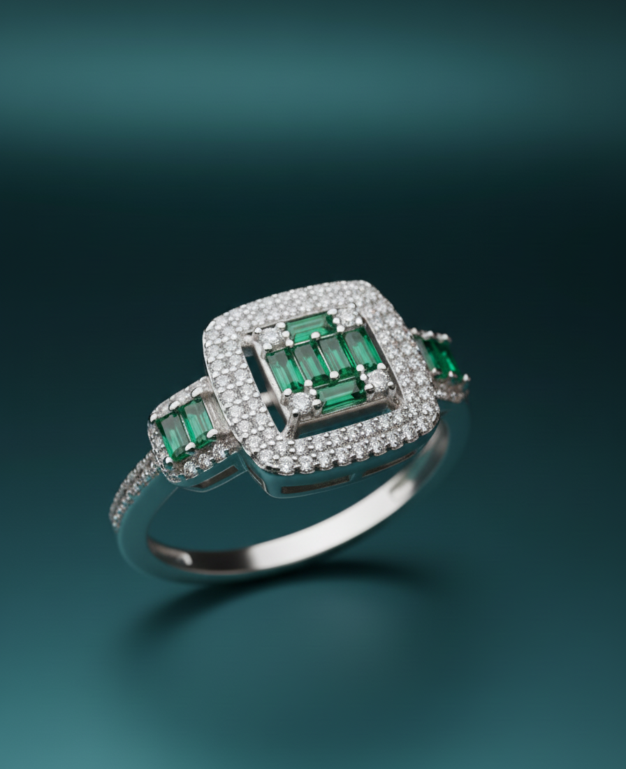Emerald Royale Halo Silver Ring - Image 3
