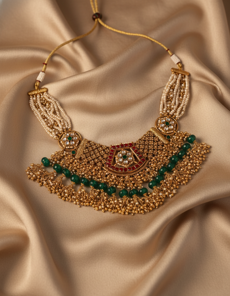 Royal Emerald Heritage Pearl Necklace Set - Image 2